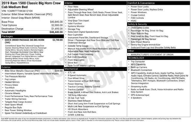 2019 RAM 1500 Classic Big Horn Crew Cab 4x4 6'4" Box