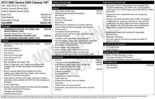 2012 GMC Savana Cutaway 3500 Work Van
